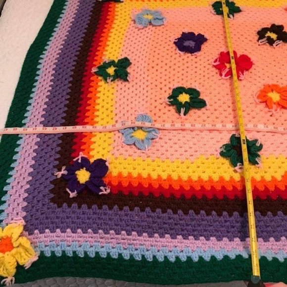 Rainbow 3D Flowers Crochet Throw Afghan Blanket - Picture 8 of 10